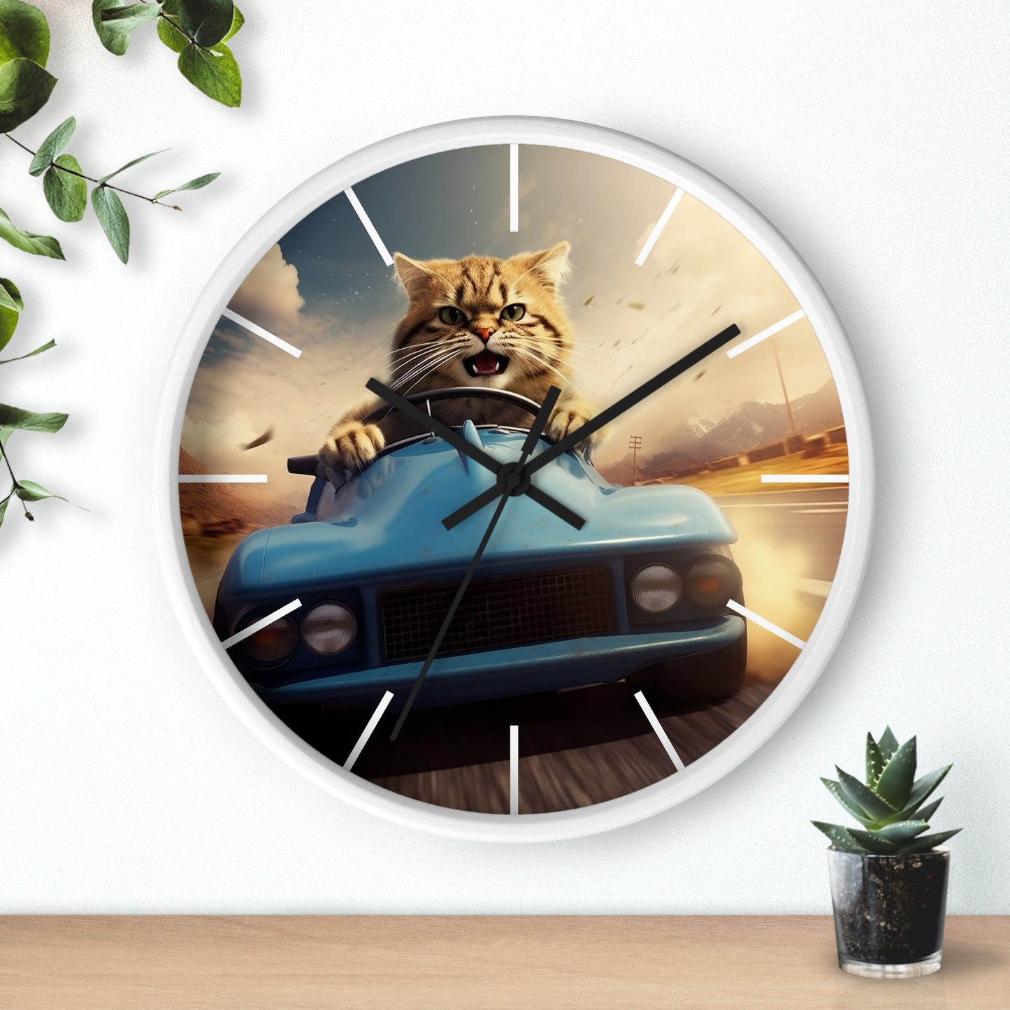 Wall Clock Brown Tabby Cat Sports Car Driver Home Decor