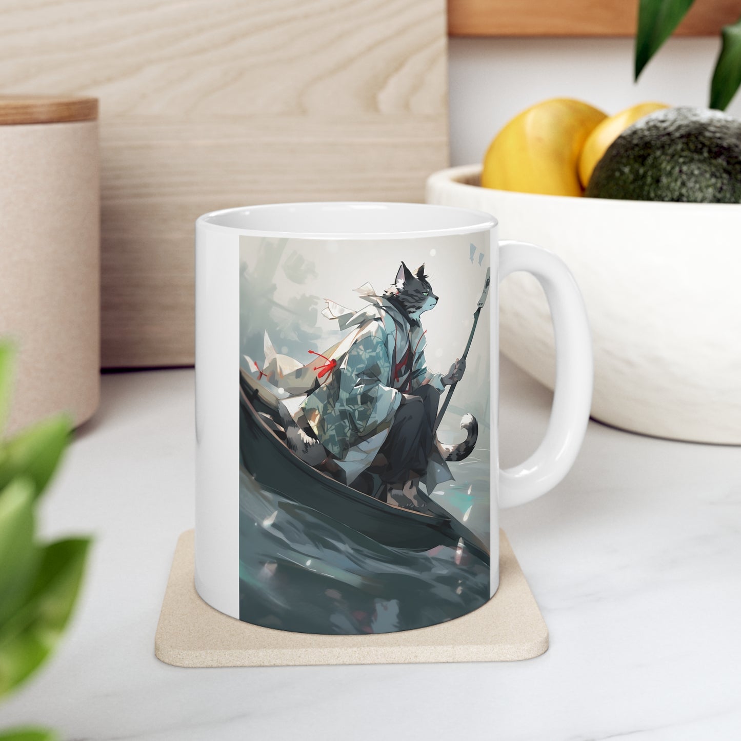 White Mug 11oz Gray Tabby Cat Samurai Sitting On Boat Anime Style