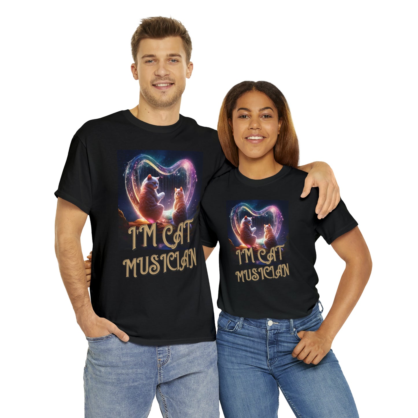 Unisex Cotton T-Shirt Cat Avatars Holographic Harp Strings Graphic Tee