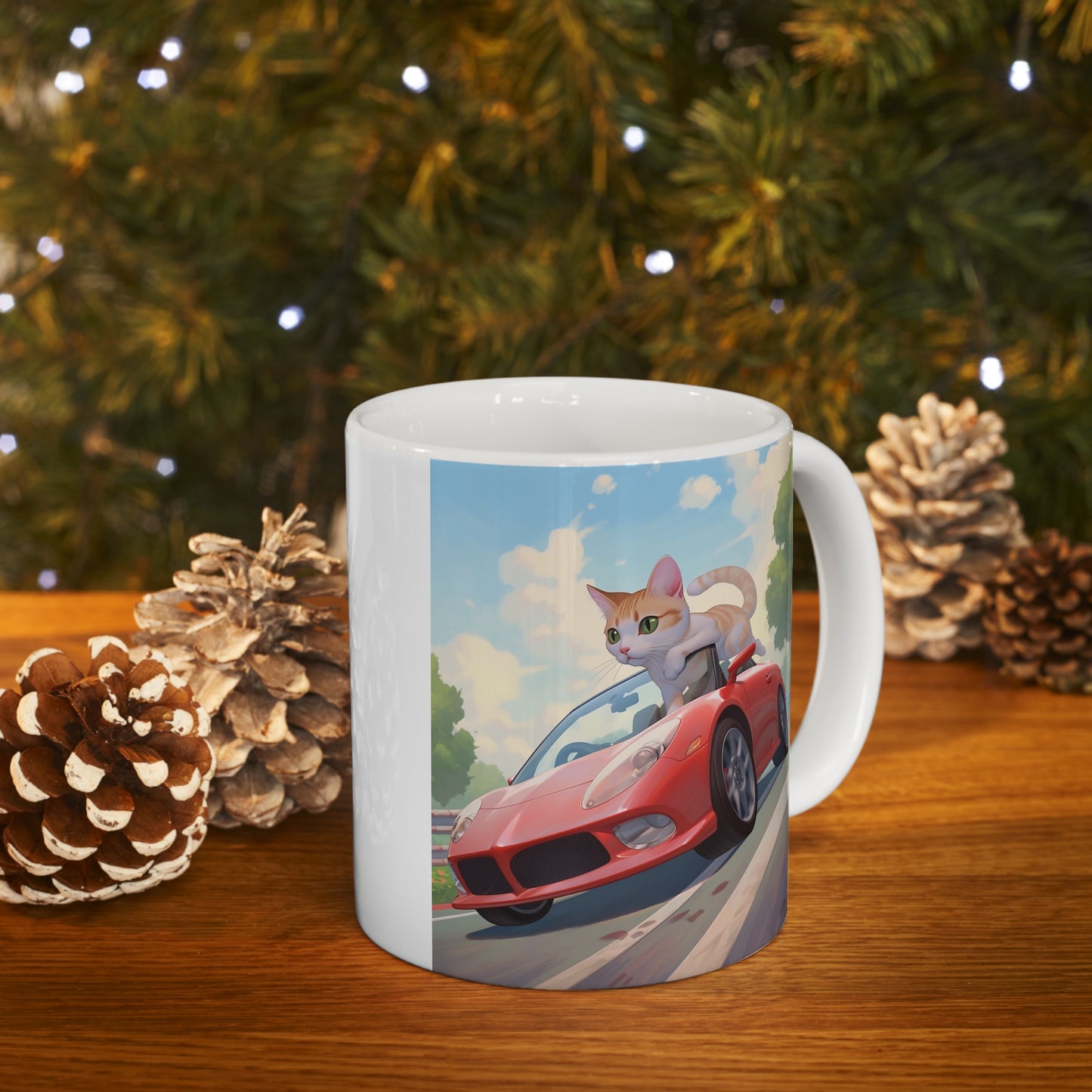 White Mug 11oz Orange Tabby Cat Riding Red Sports Car Anime Style