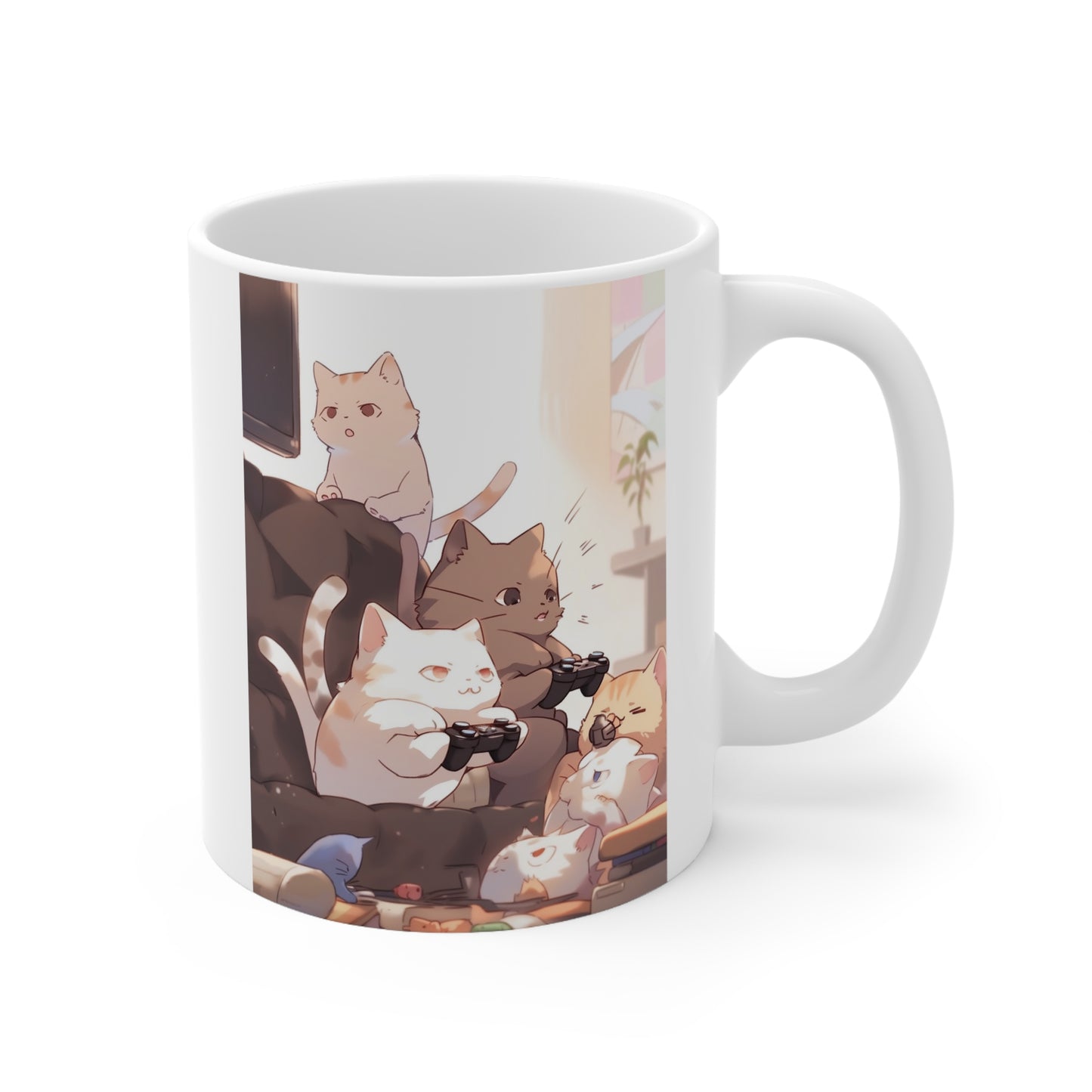 White Mug 11oz Cat Family Play Video Games Together Anime Style