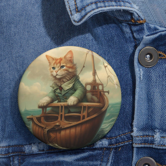 Pin Buttons Orange Tabby Cat on Boat Graphic Badge