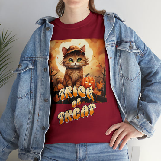 Unisex Cotton T-Shirt Trick or Treat Pumpkin Cat Graphic Costume Tee