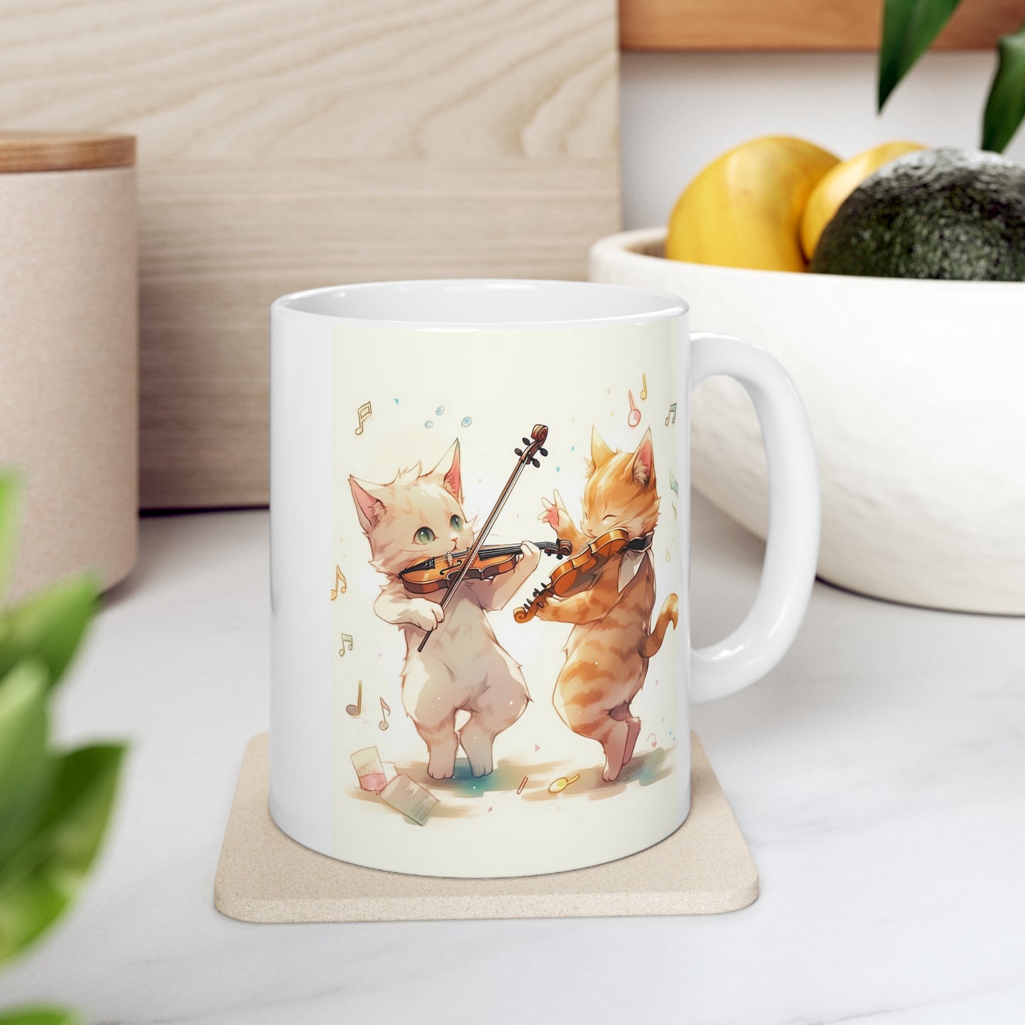 White Mug 11oz Twin Cats Playing Violin in Forest Anime Style