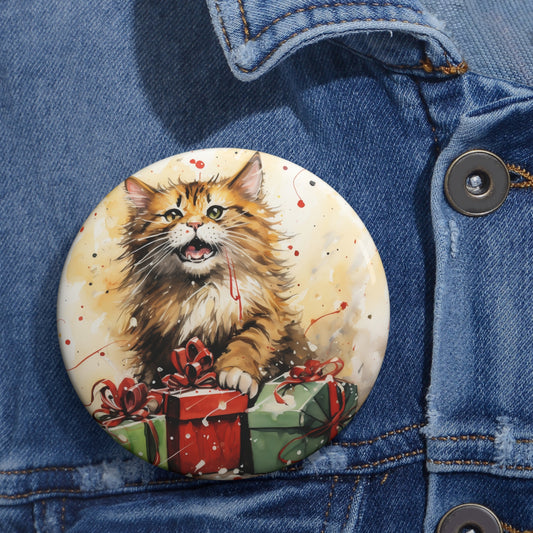 Pin Buttons Orange Tabby Cat Cuddling With Christmas Xmas Present Gift