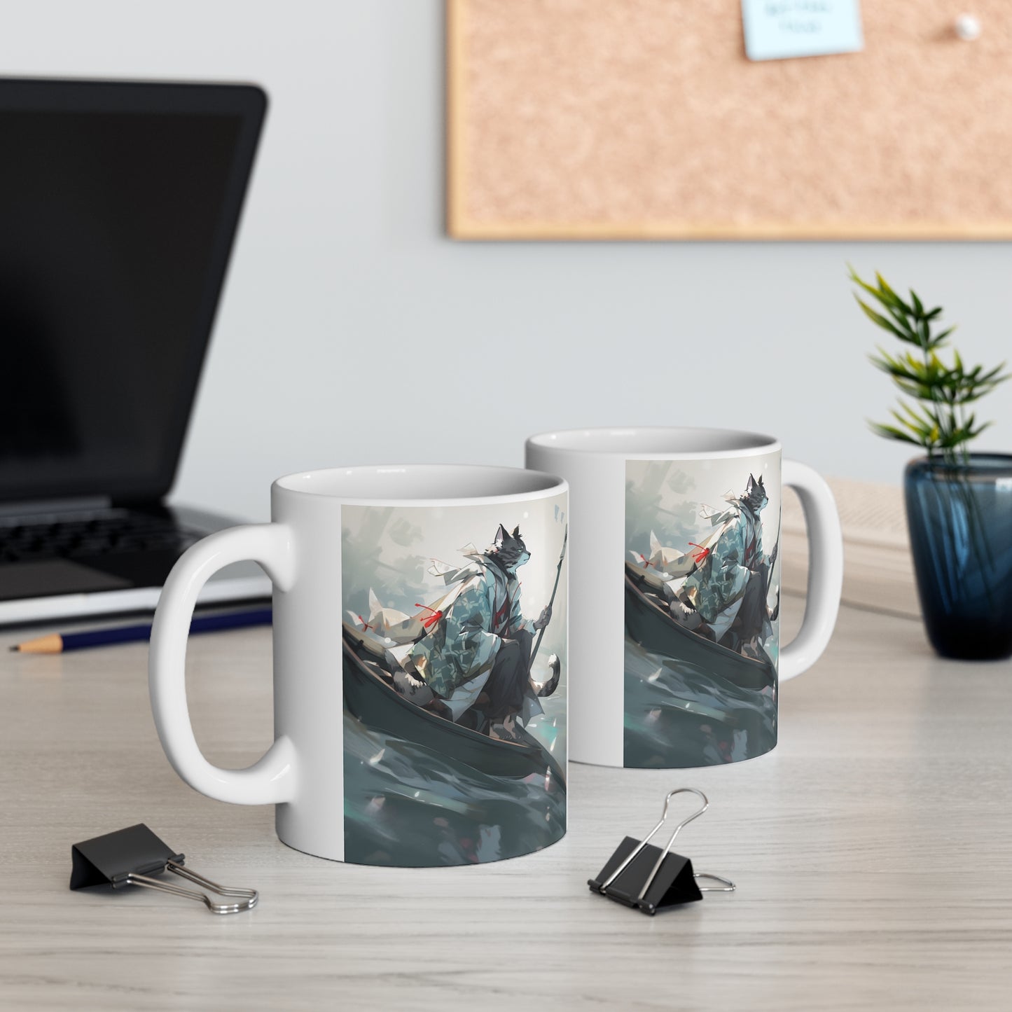 White Mug 11oz Gray Tabby Cat Samurai Sitting On Boat Anime Style