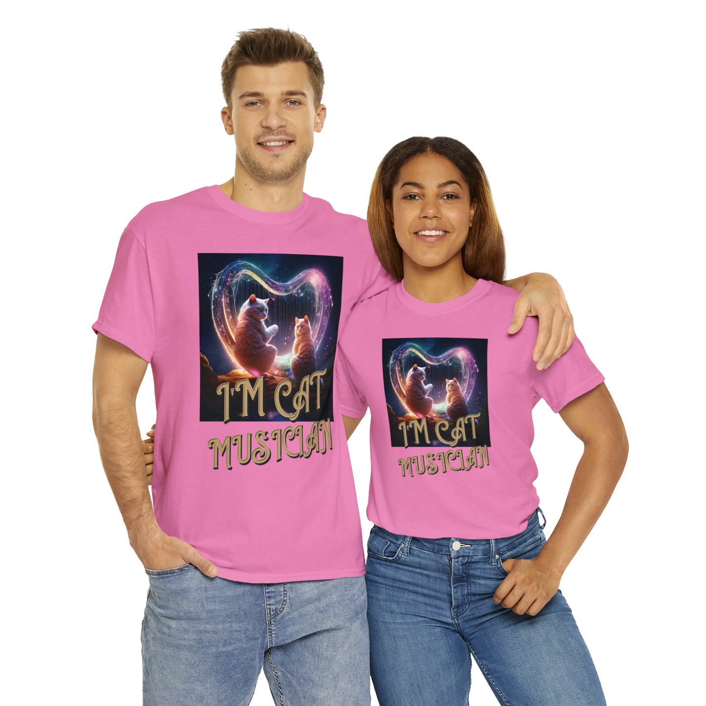 Unisex Cotton T-Shirt Cat Avatars Holographic Harp Strings Graphic Tee