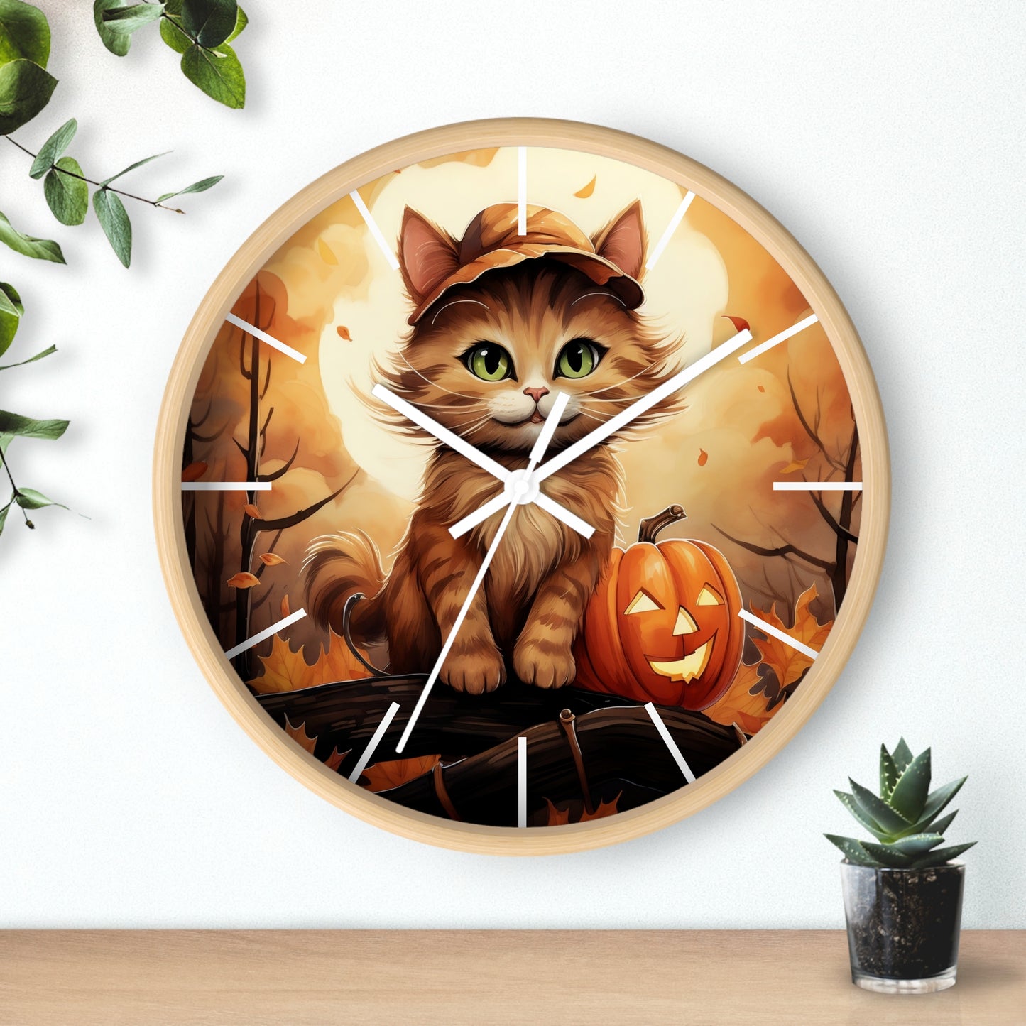 Wall Clock Ginger Cat With Jack O'Lantern Halloween Graphic Home Decor