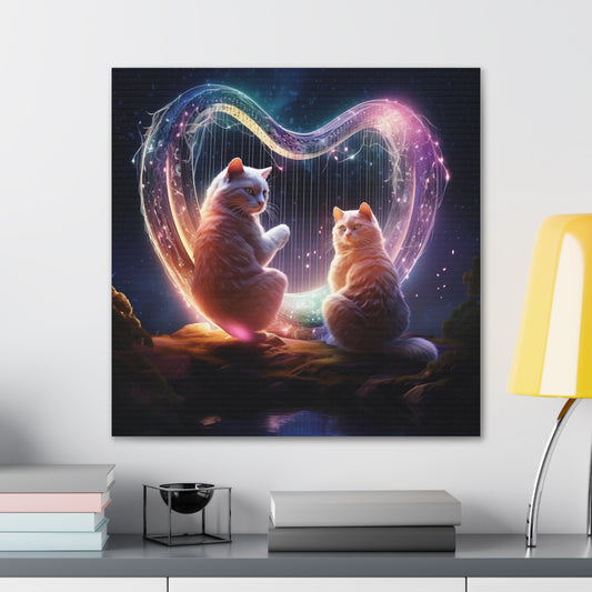 Canvas Print 3D Harpist Cat Avatars Playing Holographic Harp Strings