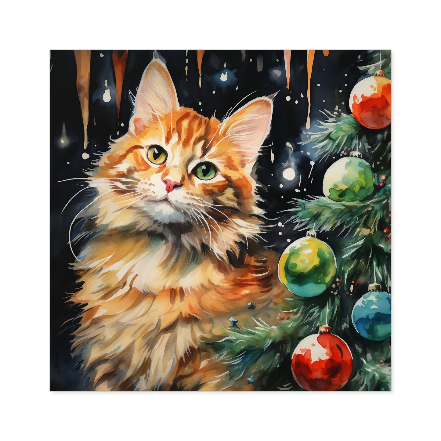 Square Vinyl Decals Sticker Cat Playing Ornaments on a Christmas Tree