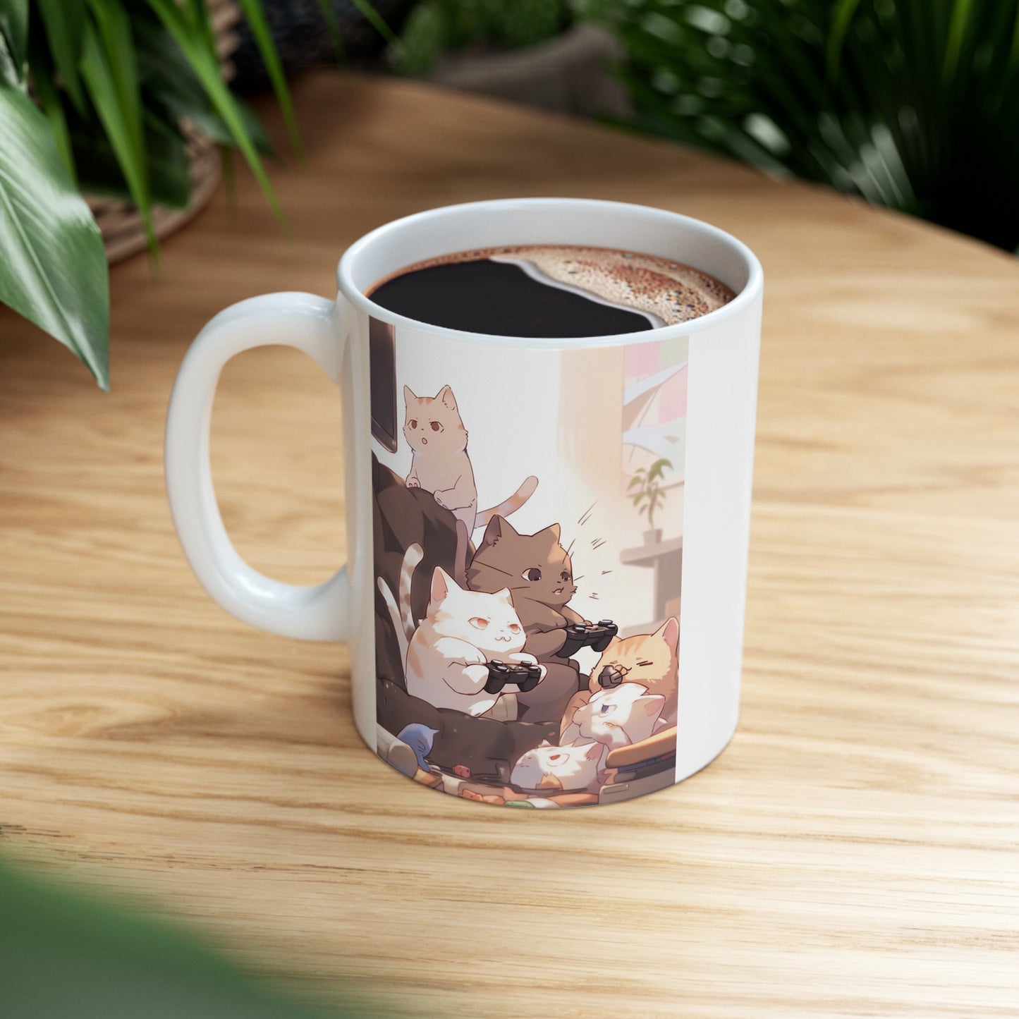 White Mug 11oz Cat Family Play Video Games Together Anime Style