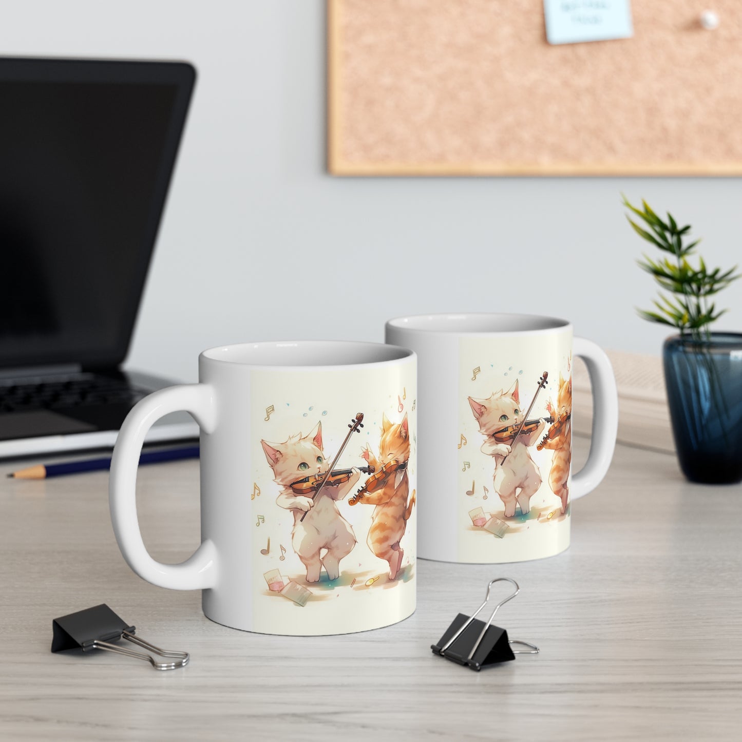 White Mug 11oz Twin Cats Playing Violin in Forest Anime Style