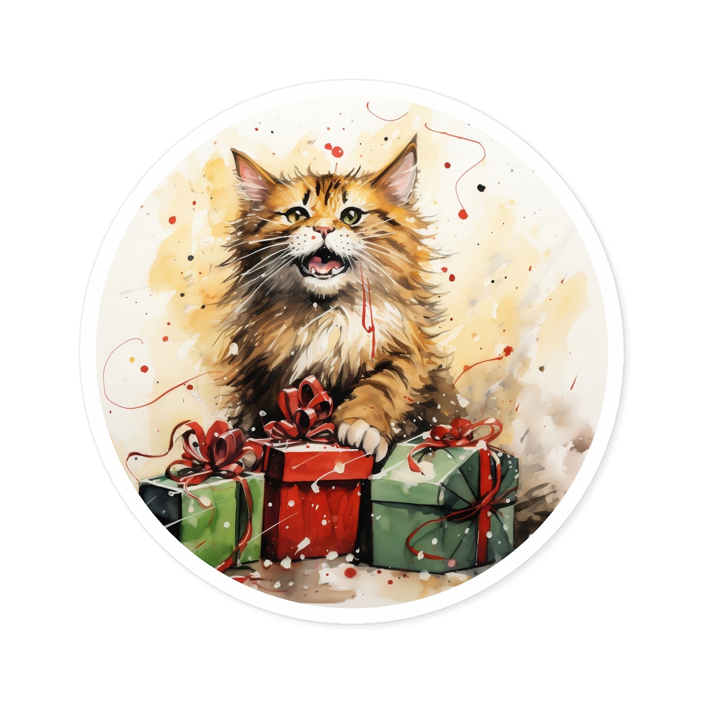 Round Vinyl Decals Sticker Ginger Cat Cuddling Christmas Present Gift