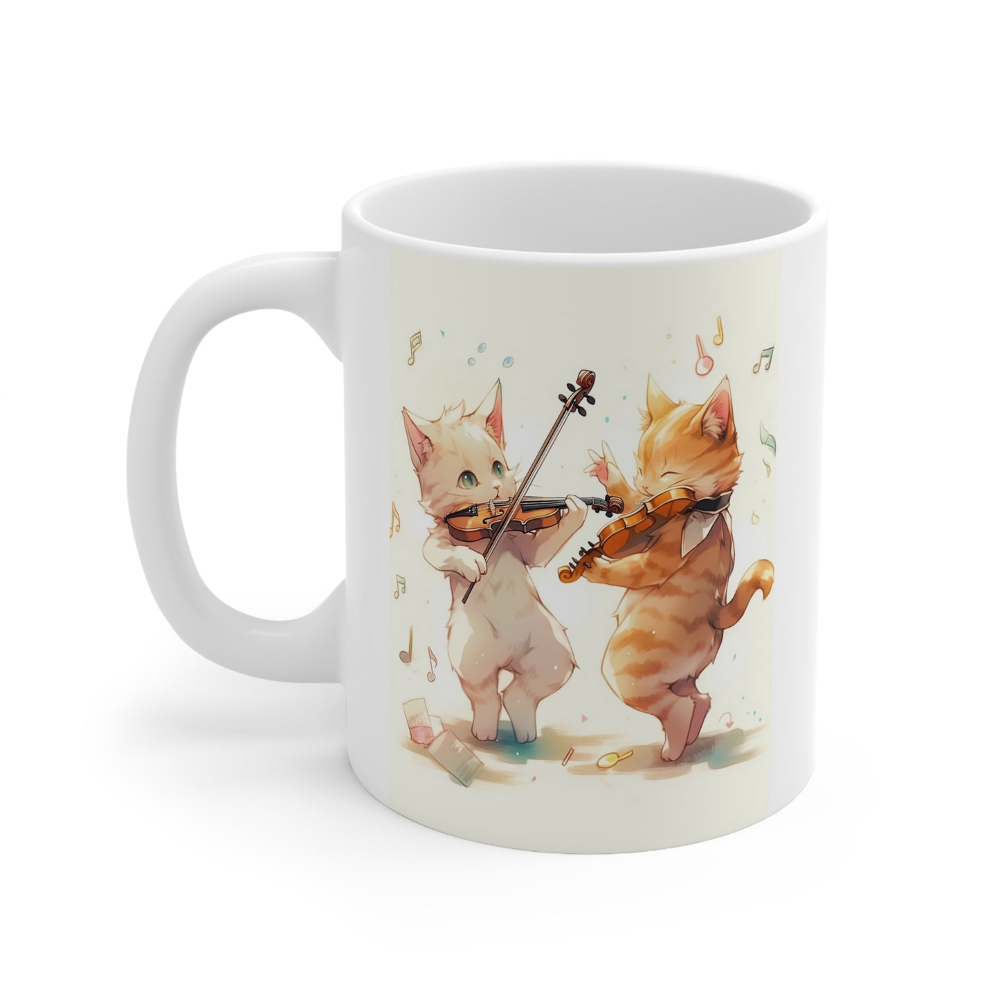 White Mug 11oz Twin Cats Playing Violin in Forest Anime Style