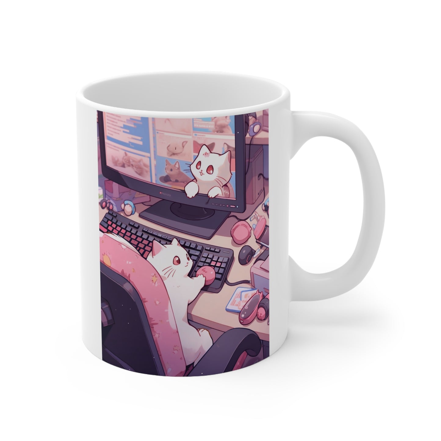 White Mug 11oz White Cat Surfing Internet Spare Time Anime Style