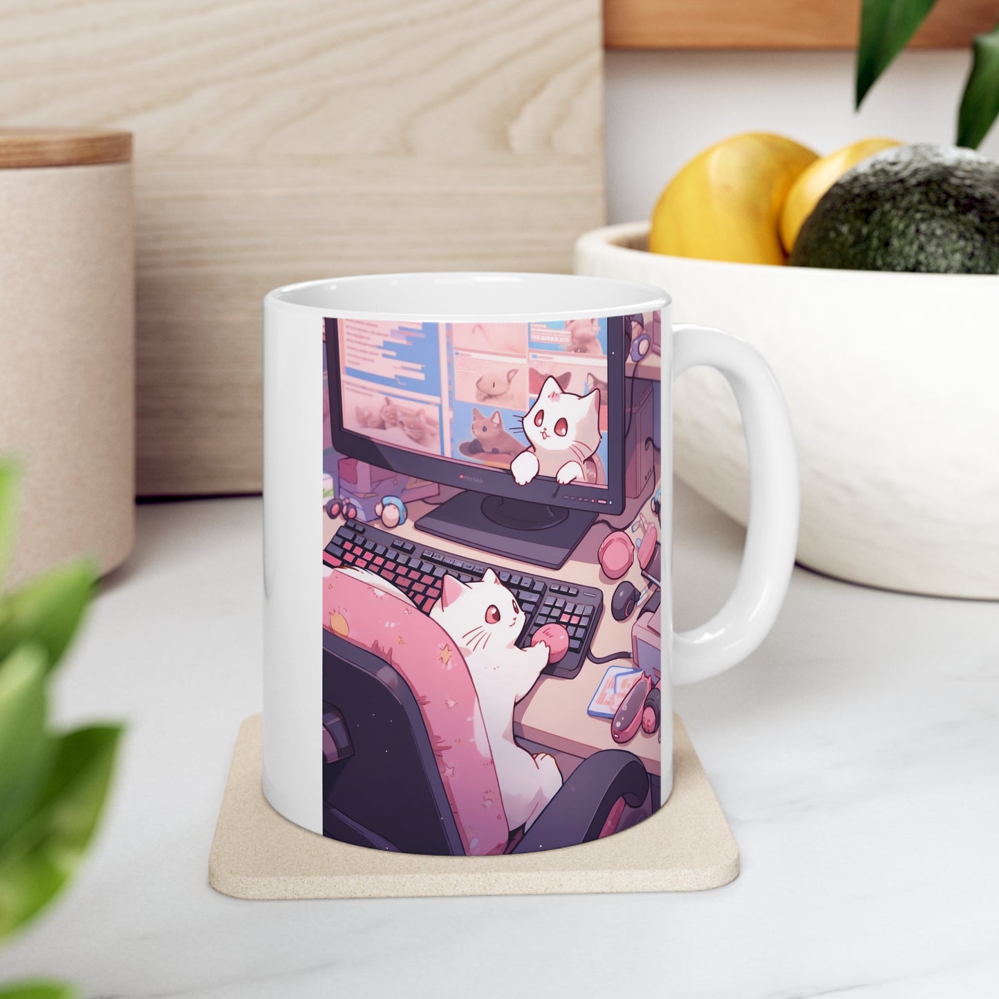 White Mug 11oz White Cat Surfing Internet Spare Time Anime Style