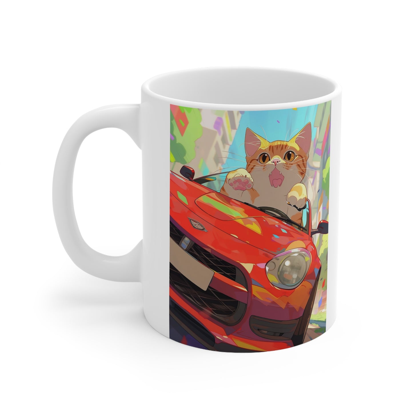 White Mug 11oz Orange Tabby Cat Kitty Riding Red Sports Car