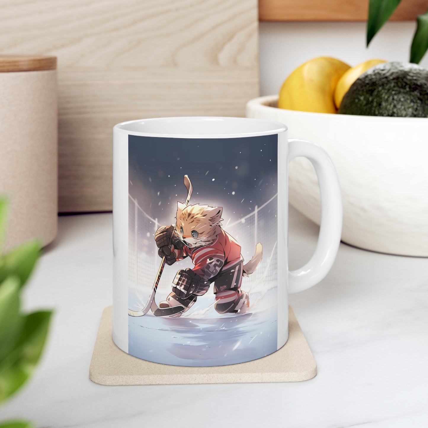 White Mug 11oz Orange Tabby Cat Kitty Hockey Player Anime Cartoon Style