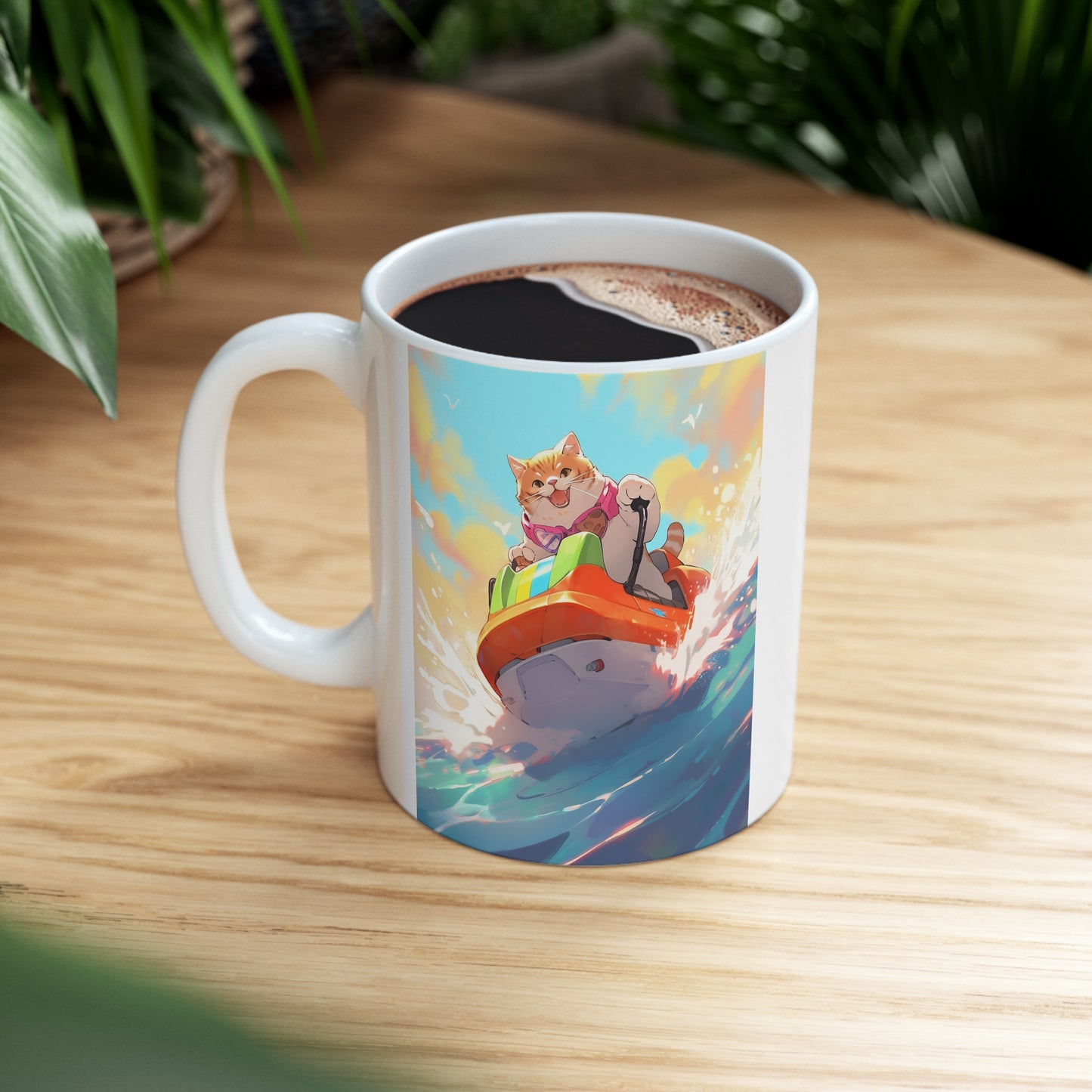 White Mug 11oz Orange Tabby Cat Kitty Summer Time Riding Speed Boat