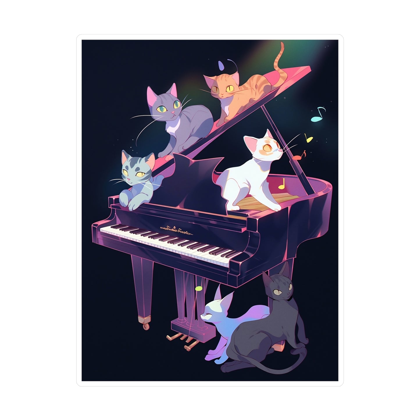 Kiss-Cut Vinyl Decals Sticker Cat Family Listening Piano Music