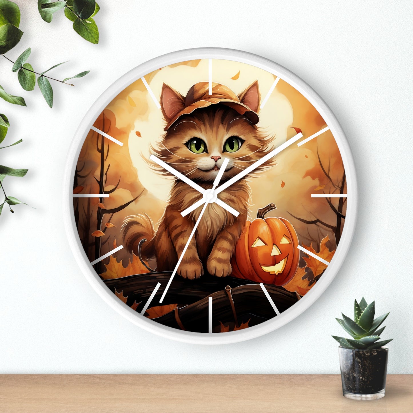 Wall Clock Ginger Cat With Jack O'Lantern Halloween Graphic Home Decor