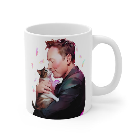 White Mug 11oz Elon Musk Kissing Tabby Cat Kitty Anime Style