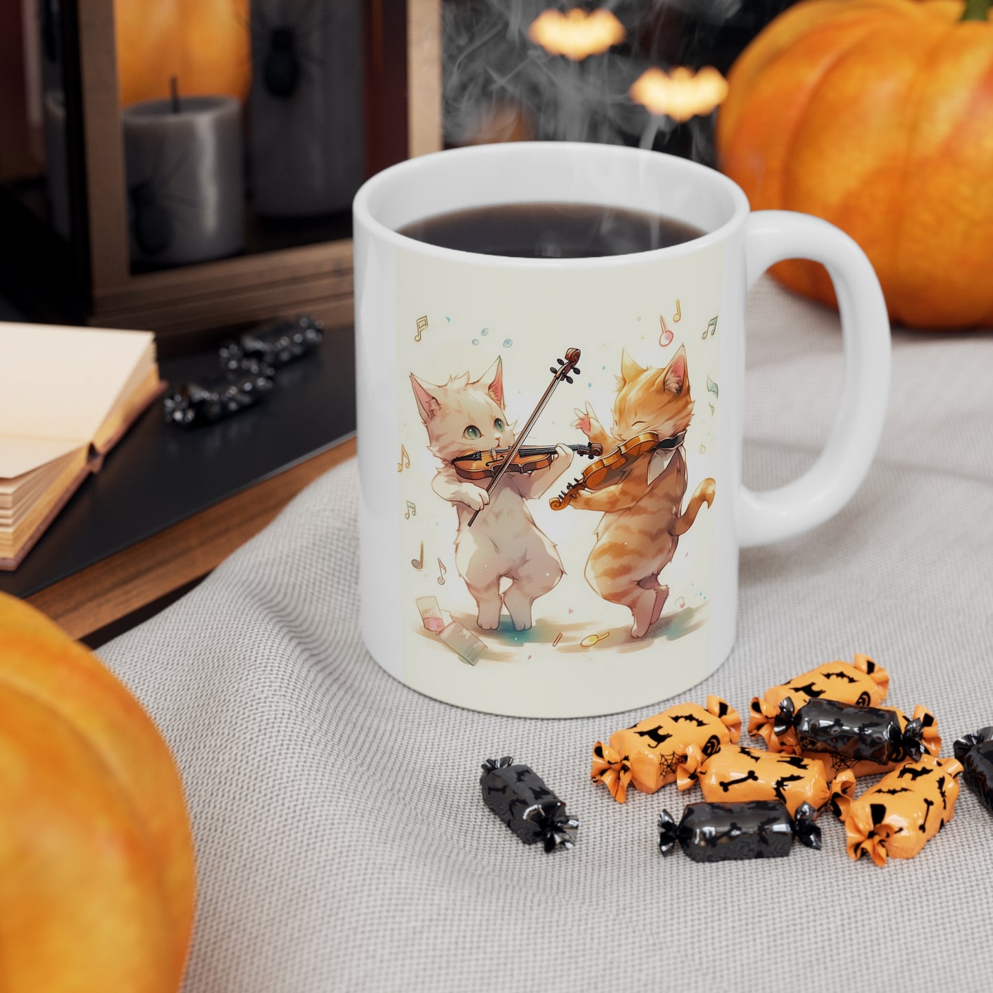 White Mug 11oz Twin Cats Playing Violin in Forest Anime Style