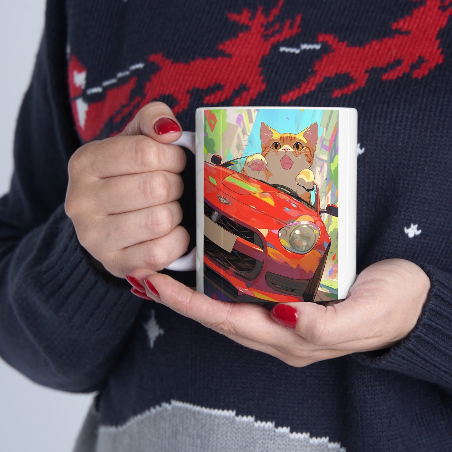 White Mug 11oz Orange Tabby Cat Kitty Riding Red Sports Car