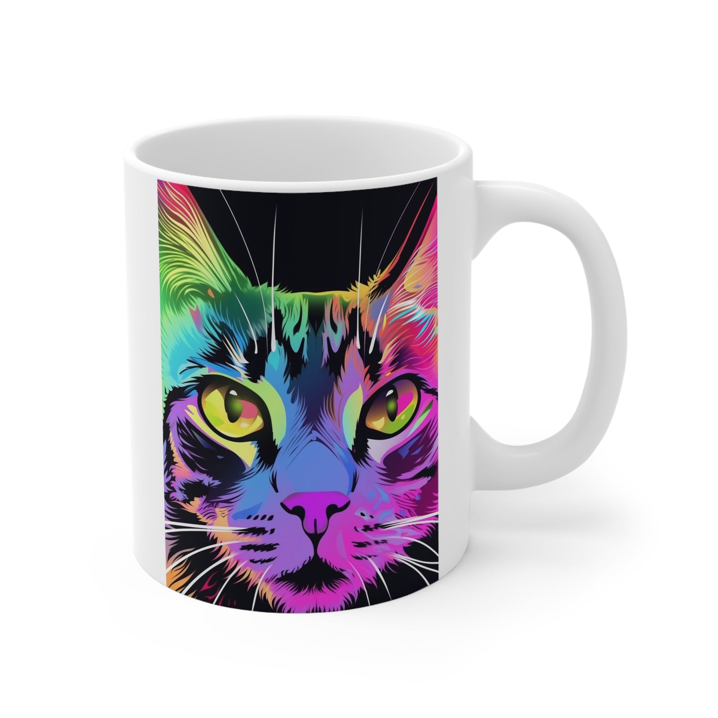 White Mug 11oz Colorful Rainbow Cat Kitty Staring At You