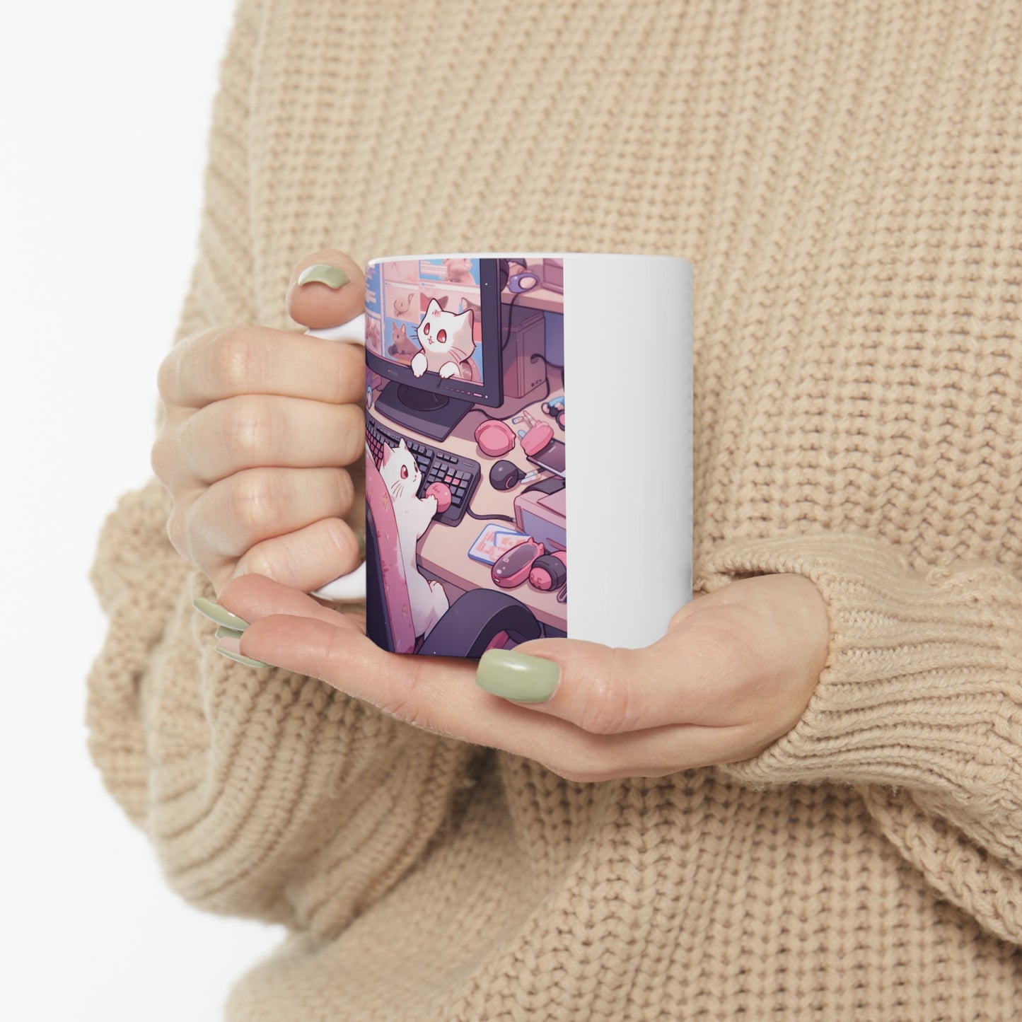 White Mug 11oz White Cat Surfing Internet Spare Time Anime Style