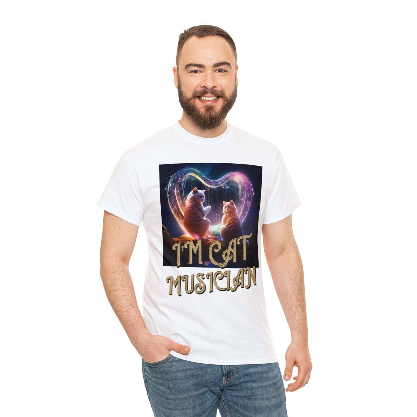 Unisex Cotton T-Shirt Cat Avatars Holographic Harp Strings Graphic Tee