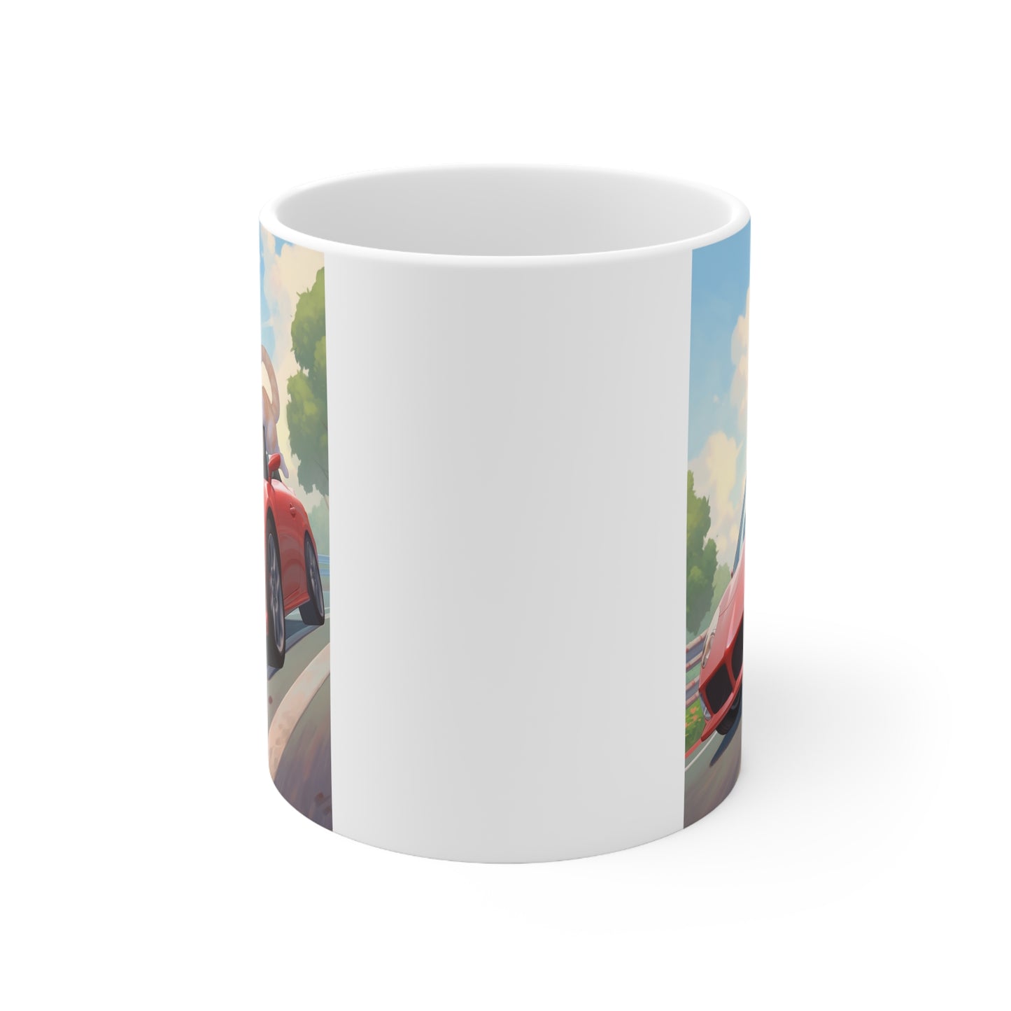 White Mug 11oz Orange Tabby Cat Riding Red Sports Car Anime Style