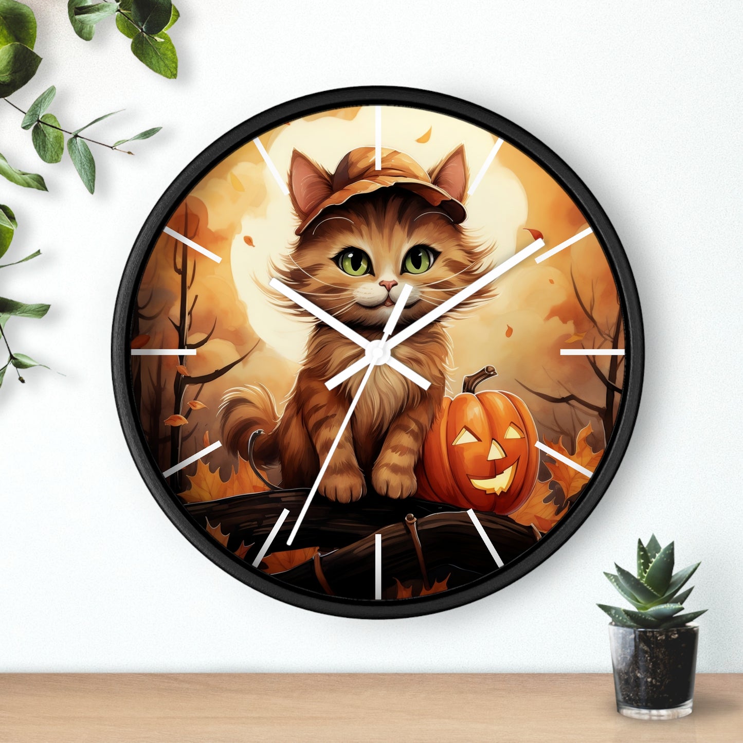 Wall Clock Ginger Cat With Jack O'Lantern Halloween Graphic Home Decor