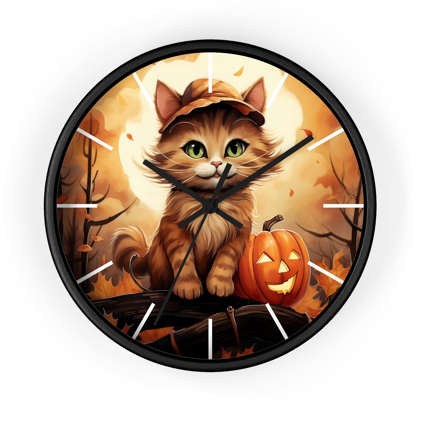 Wall Clock Ginger Cat With Jack O'Lantern Halloween Graphic Home Decor