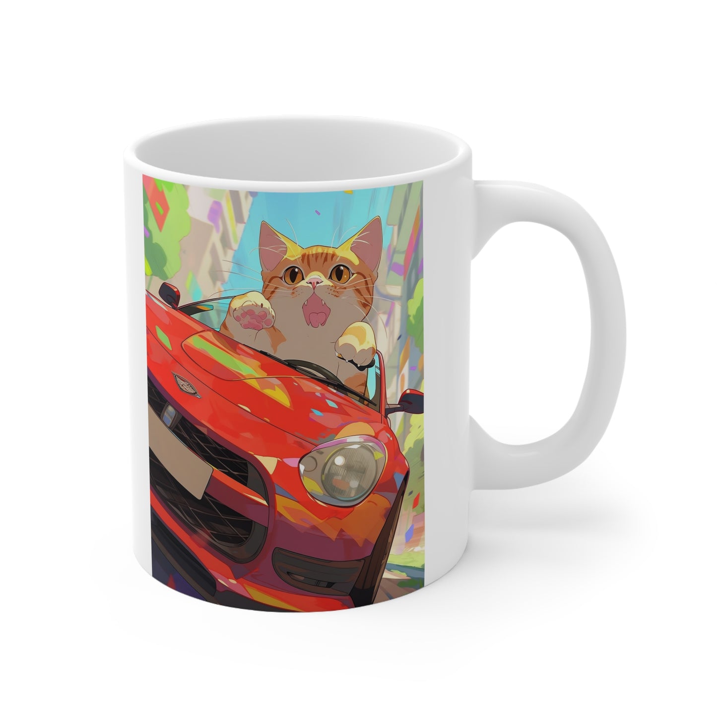 White Mug 11oz Orange Tabby Cat Kitty Riding Red Sports Car