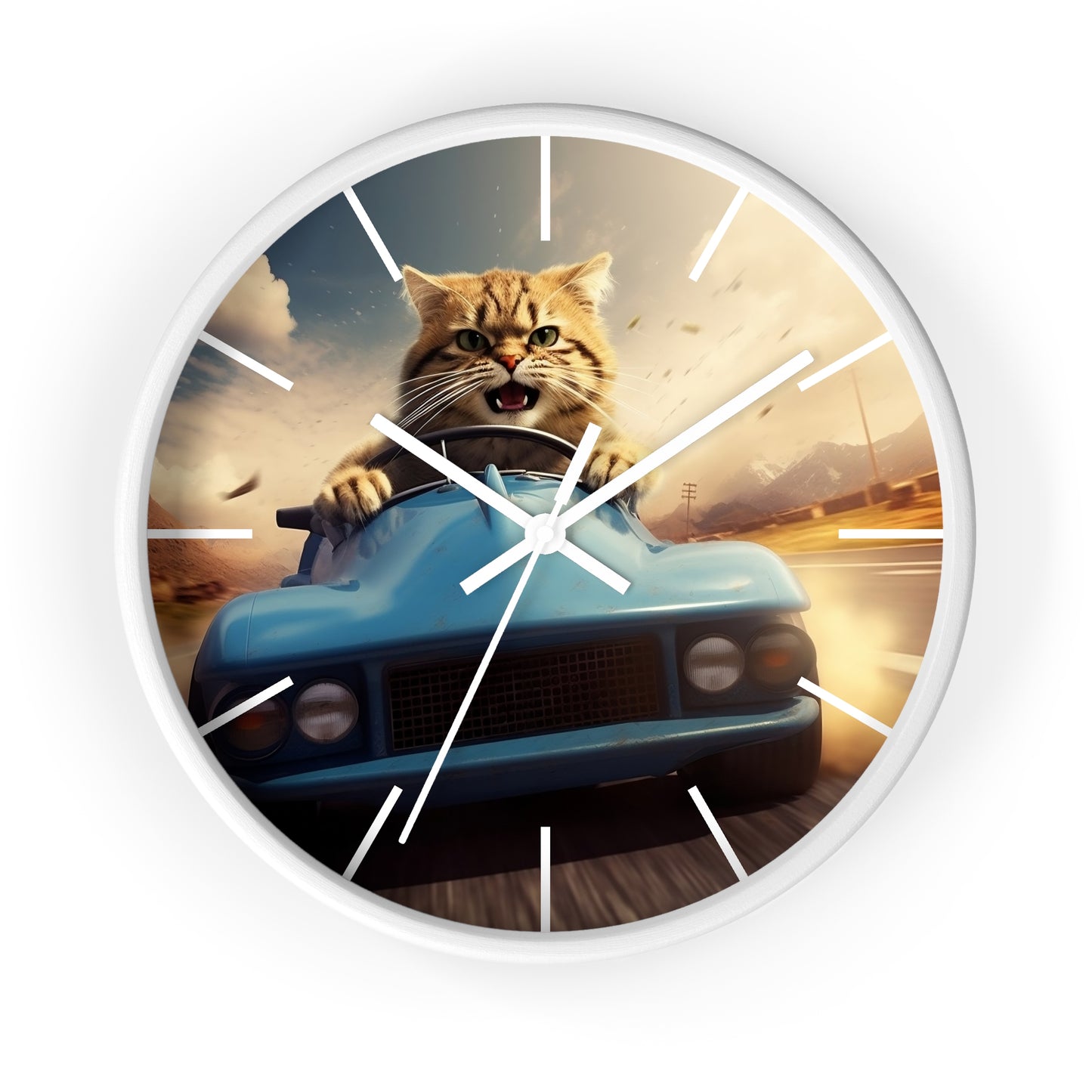 Wall Clock Brown Tabby Cat Sports Car Driver Home Decor