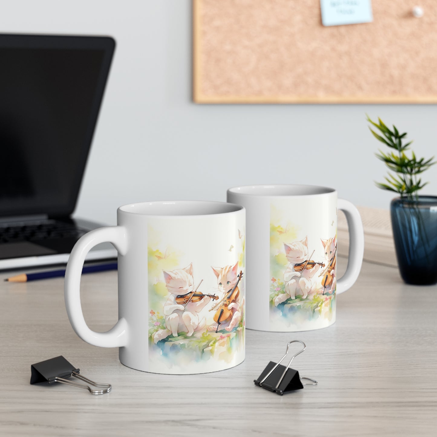 White Mug 11oz Twin White Cats Playing Violin in Forest Anime Style