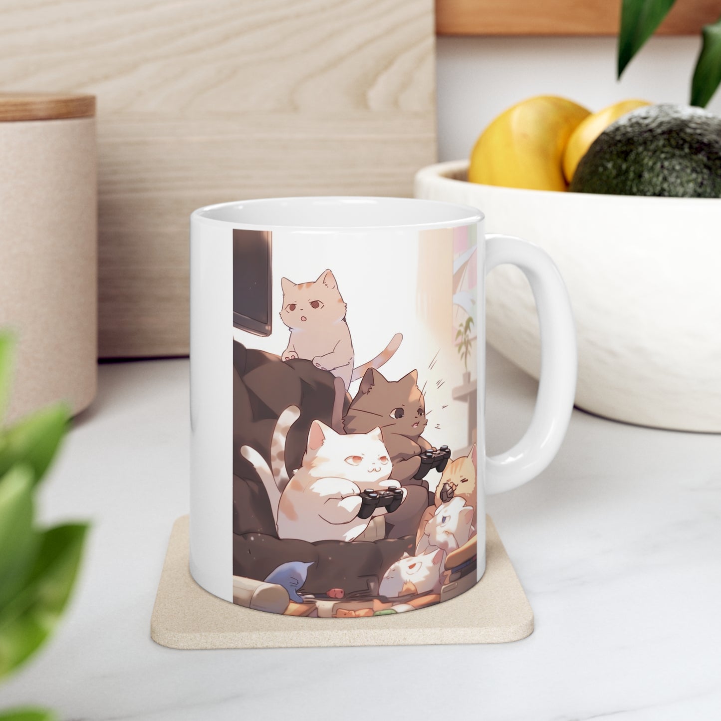 White Mug 11oz Cat Family Play Video Games Together Anime Style