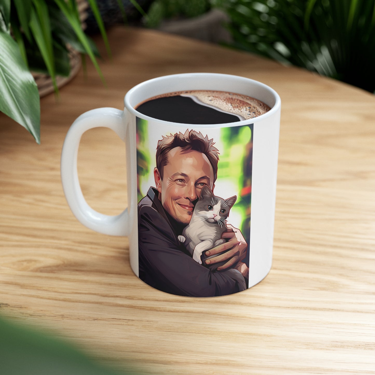 White Mug 11oz Elon Musk Hugging Cat Kitty Anime Style