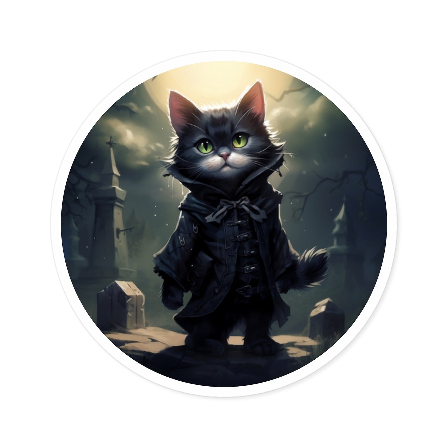 Round Vinyl Decals Sticker Halloween Vampire Cat in Moonlit Graveyard