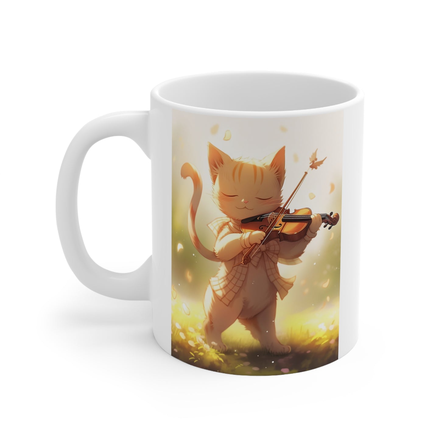 White Mug 11oz Ginger Cat Playing Violin in Forest Anime Style