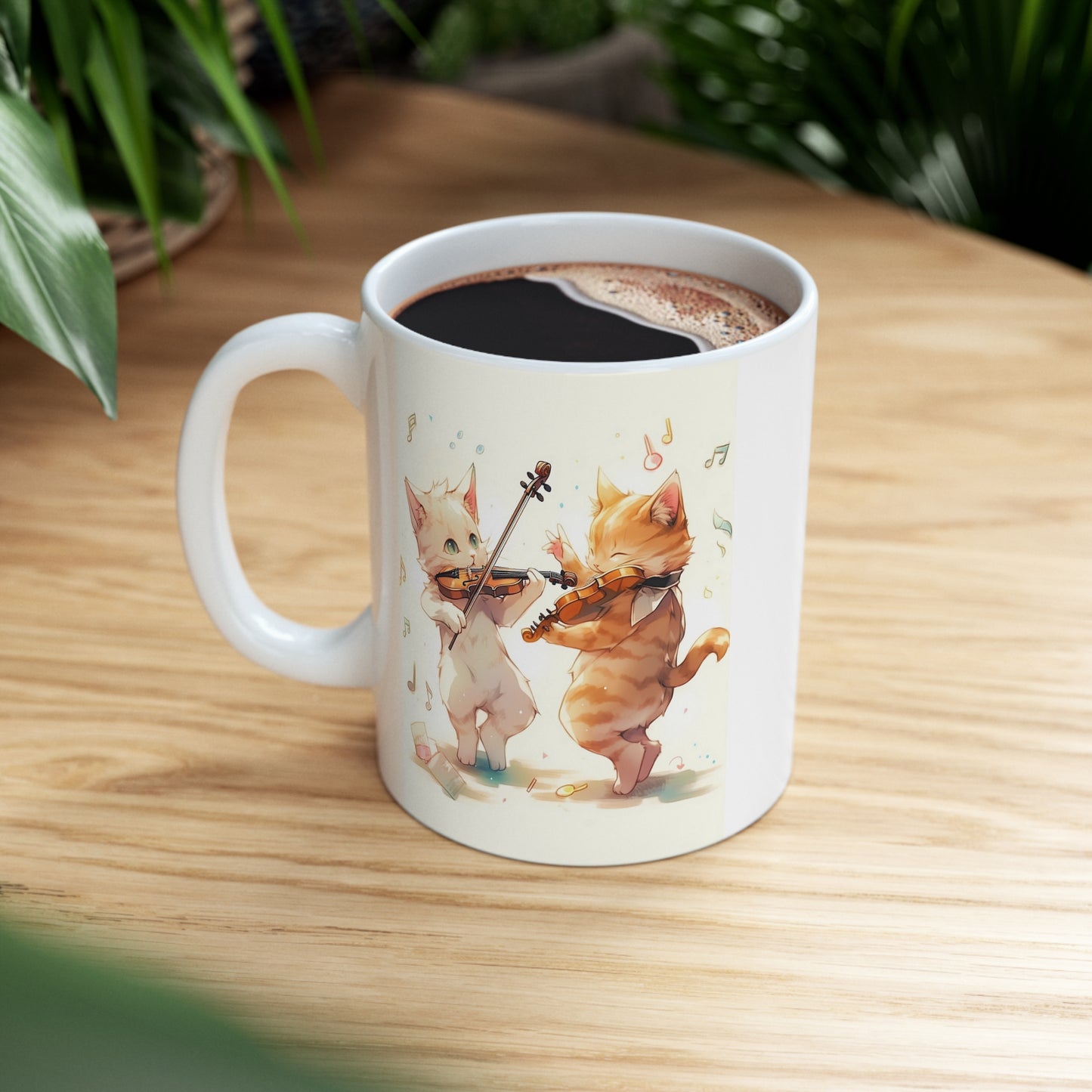 White Mug 11oz Twin Cats Playing Violin in Forest Anime Style