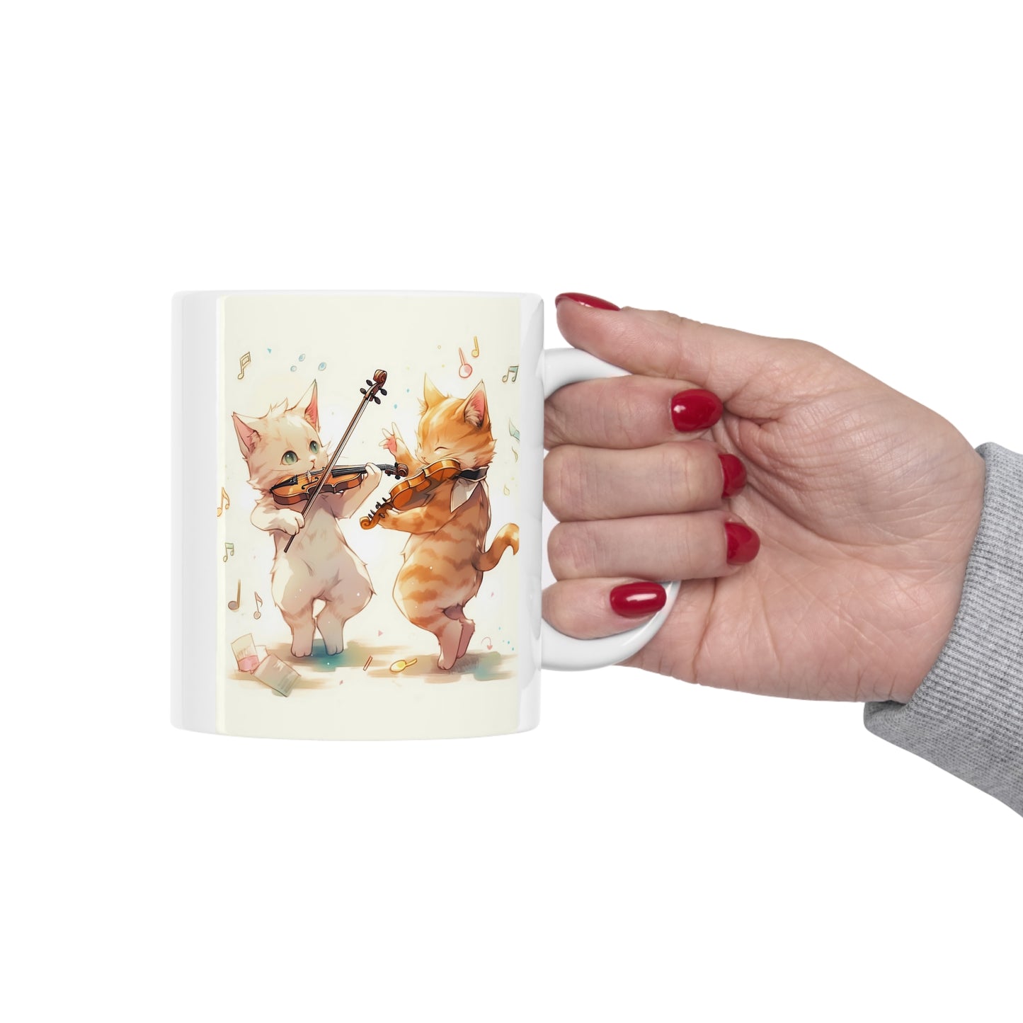 White Mug 11oz Twin Cats Playing Violin in Forest Anime Style