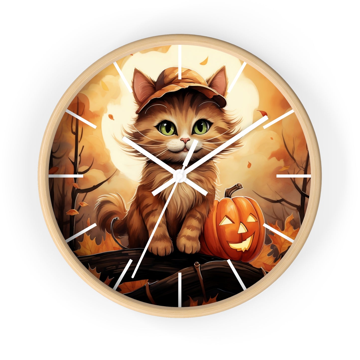 Wall Clock Ginger Cat With Jack O'Lantern Halloween Graphic Home Decor