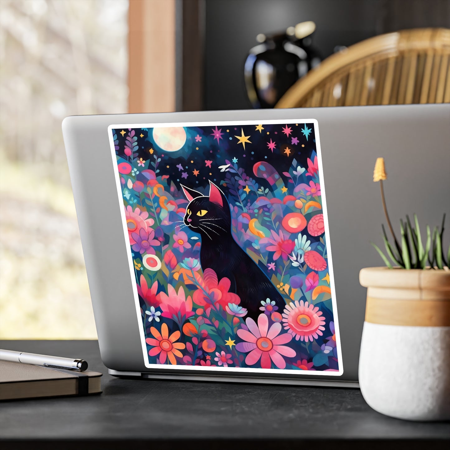 Kiss-Cut Vinyl Decals Sticker Black Cat Sit in a Magical Floral Garden