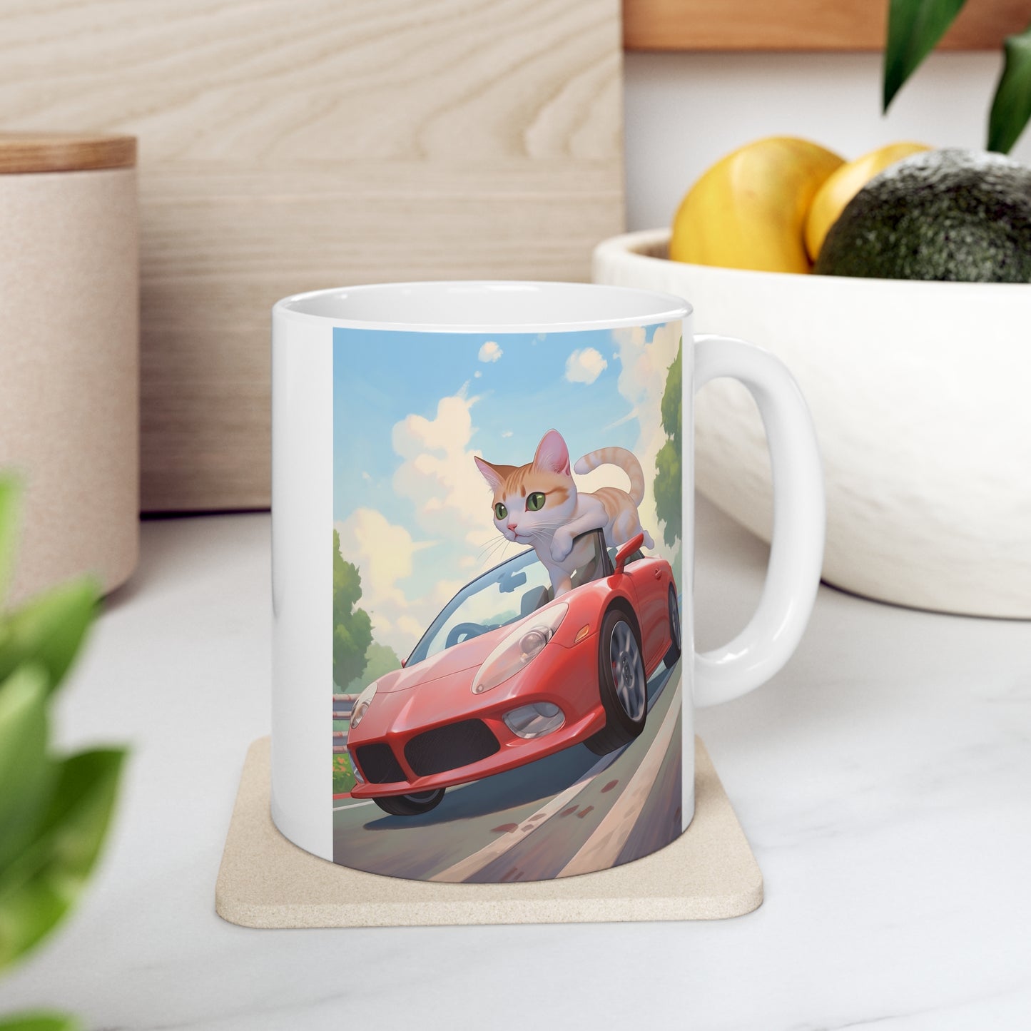 White Mug 11oz Orange Tabby Cat Riding Red Sports Car Anime Style