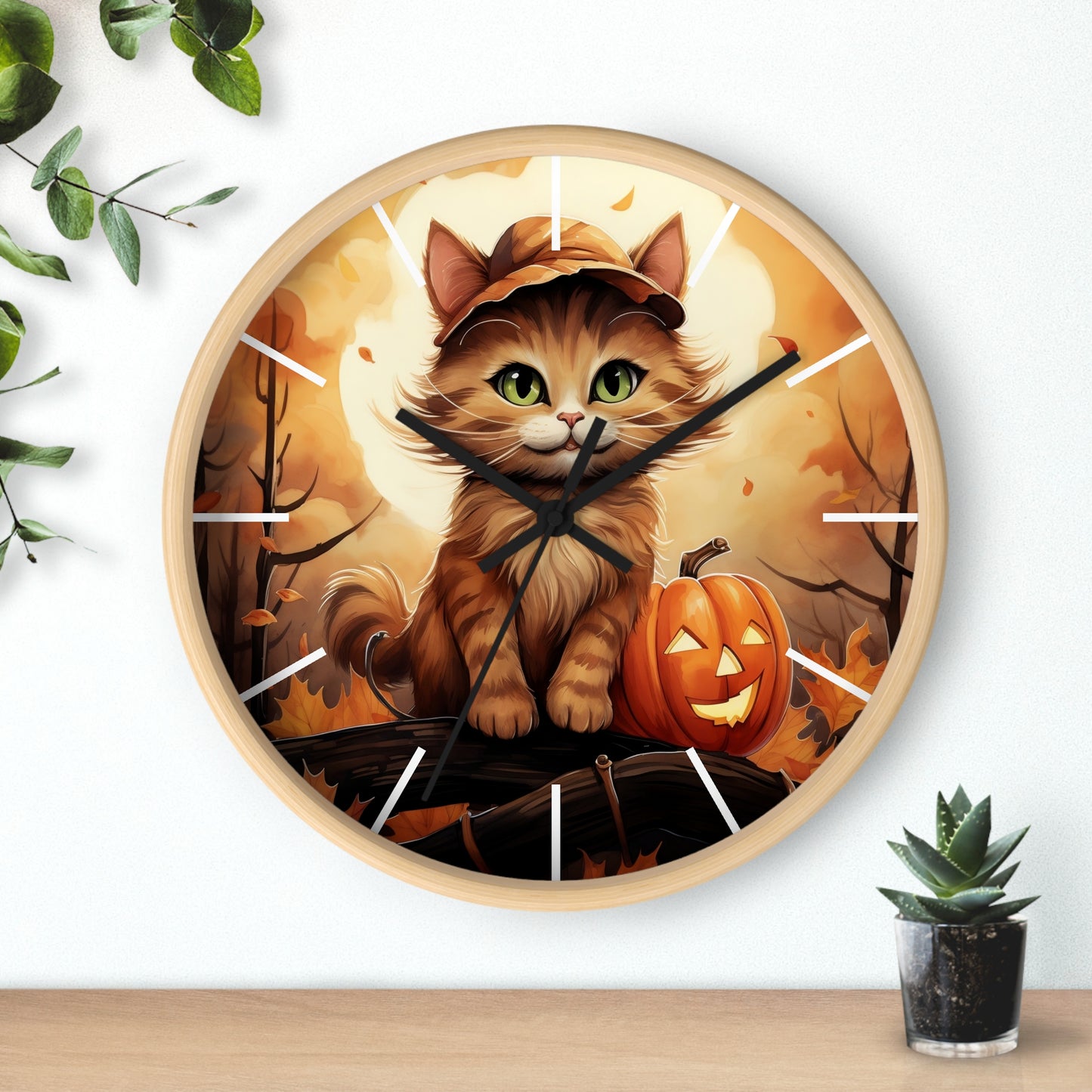 Wall Clock Ginger Cat With Jack O'Lantern Halloween Graphic Home Decor