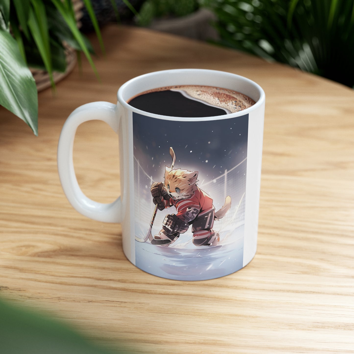 White Mug 11oz Orange Tabby Cat Kitty Hockey Player Anime Cartoon Style