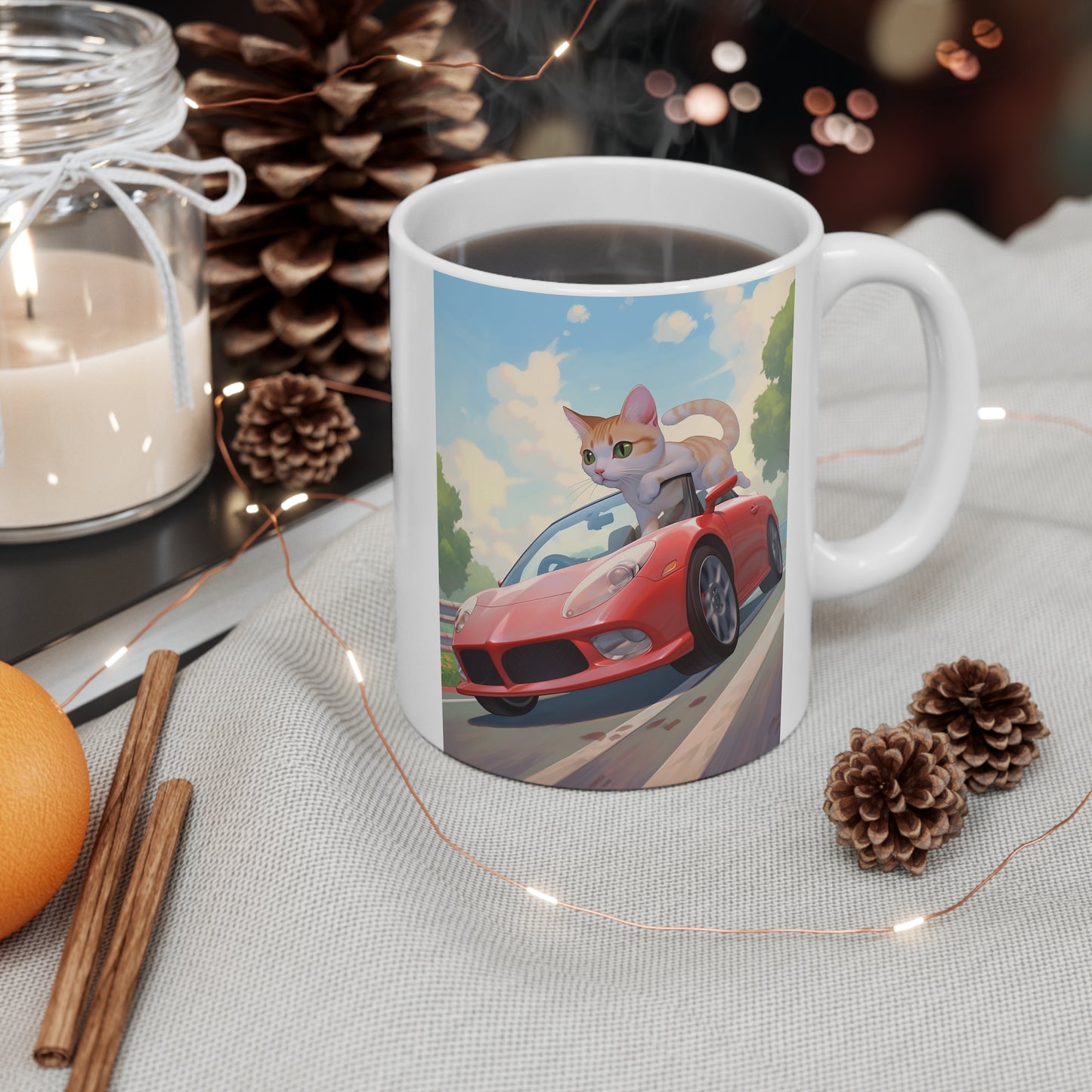 White Mug 11oz Orange Tabby Cat Riding Red Sports Car Anime Style