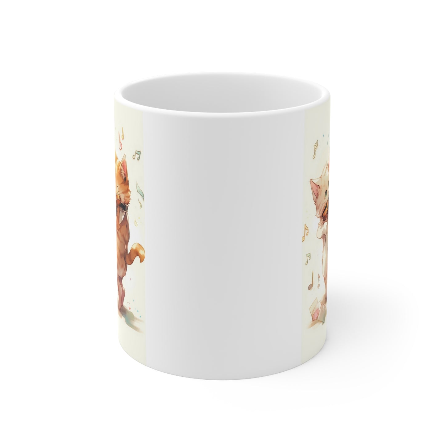 White Mug 11oz Twin Cats Playing Violin in Forest Anime Style